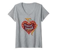 My Heart Speaks Cadeau d'amour Latina Espagnol pour Petite Amie T-Shirt avec Col en V, Femme, Gris Chiné, M