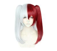 My Hero Academia Baku no Hero Todoroki Shoto Cosplay Wig Half Silver White Half Red Synthetic Hair Clip Ponytails Wigs + Wig Cap