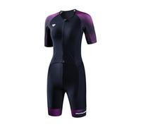 MY KILOMETRE Combinaison Triathlon Femme Manches Courtes - Trisuit Zip intégral devant Séchage Rapide avec Poches Arrière, UPF 50+ pour Natation, Vélo et Course（Violet XL）