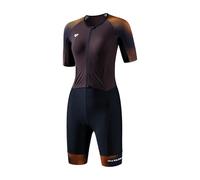MY KILOMETRE Combinaison Triathlon Femme Manches Courtes - Trisuit Zip intégral devant Séchage Rapide avec Poches Arrière, UPF 50+ pour Natation, Vélo et Course（Orange L）