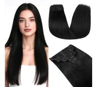 MY-LADY Extension Cheveux Naturel a Clip, 8 Pièces 35cm Vrais Cheveux Extensions à Clip Lisse, Invisible Clip In Human Hair Extension Double Weft(#01 Noir, 120g)