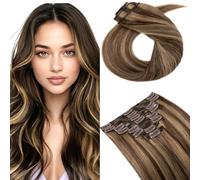 MY-LADY Extension Cheveux Naturel a Clip, 8 Pièces 35cm Vrais Cheveux Extensions à Clip Lisse, Invisible Clip In Human Hair Extension Double Weft(#4P27 Brun Moyen/Blond Foncé, 120g)