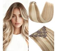 MY-LADY Extension Cheveux Naturel a Clip, 8 Pièces 45cm Vrais Cheveux Extensions à Clip Lisse, Invisible Clip In Human Hair Extension Double Weft(#12P613 Brun Doré& Blond, 140g)