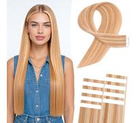 MY-LADY Extension Cheveux Naturel Adhésif 10pièces 45 cm 15g Brun doré& Blond Bande Adhesif Invisible Cheveux Humain Remy Longs Tape In Hair Extensions Human Femmes(18Inch, #12P613)
