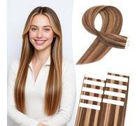 MY-LADY Extension Cheveux Naturel Adhésif 10pièces 50 cm 15g Brun moyen/Blond foncé Bande Adhesif Invisible Cheveux Humain Remy Longs Tape In Hair Extensions Human Femmes(20Inch, #4P27)