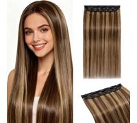 MY-LADY Extension Cheveux Naturel Clip, Une Pièce 35cm Brun Moyen/Blond Foncé Rajout Cheveux Clip Naturel avec Lace Base, Clip In Extension Skin Weft 5 Clips pour Volume 3/4 Tête (#4P27, 40g)