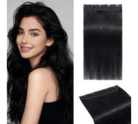 MY-LADY Extension Cheveux Naturel Clip, Une Pièce 35cm Noir Rajout Cheveux Clip Naturel avec Lace Base, Real Human Hair Clip In Extension Skin Weft 5 Clips pour Volume 3/4 Tête (#01, 40g)