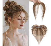 MY-LADY Frange à Clips Cheveux Naturels avec 2 Clips, 100% Cheveux Humains Remy Fausse Frange, Postiche Extension Cheveux Frange, Frange en Bang Perruque pour Femmes (Brun Moyen/Blond Foncé)