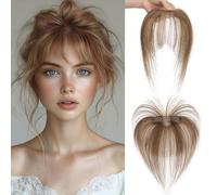 MY-LADY Frange à Clips Cheveux Naturels avec 2 Clips, 100% Cheveux Humains Remy Fausse Frange, Postiche Extension Cheveux Frange, Frange en Bang à la Française pour Femmes (Brun Moyen/Blond Foncé)