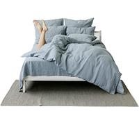 My Linen Home | Parure de Lit - 100% Lin Lavé | 1 Housse de Couette 240x220 avec Fermeture éclair | 2 Taies Oreiller 40x80 avec Fermeture à Revers | Linge de Lit et Oreillers | Bleu Gris