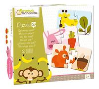 MY MANDARINE JE519C - Une boite éducative de 12 puzzles de 2 pièces à assembler - À partir de 2 ans - Qui mange quoi ?