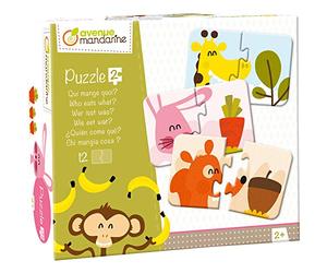 MY MANDARINE JE519C - Une boite éducative de 12 puzzles de 2 pièces à assembler - À partir de 2 ans - Qui mange quoi ?