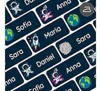 My Nametags®56 Étiquettes Thermocollantes Personnalisées | Étiquettes Vêtement Enfant à Repasser Imperméables et Lavables en Machine | Pour l'École, la Crèche ou la Maison de Retraite |Espace, Bleu II