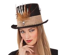 My Other Me Chapeau unisexe adulte marron avec plumes, étoile décorative avec crâne, petits crânes et main de squelette 59 cm. Apporte un air énigmatique à votre look d'Halloween