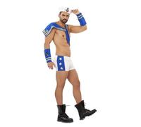 My Other Me Costume de marin pour homme, taille XL, comprend un chapeau blanc, un col avec détails marins, des poignets bleus et un pantalon boxer avec boutons décoratifs.