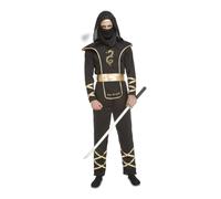 My Other Me Costume de Ninja pour homme, taille XL, comprend une combinaison noire à capuche et des détails dorés sur les manches et les jambes, une armure noire avec bords dorés, une ceinture dorée