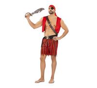 My Other Me Costume de pirate pour homme, taille M-L. Comprend un mouchoir rouge, un gilet sans manches, une bandoulière marron avec détails dorés, une ceinture noire et un pantalon boxer rayé.