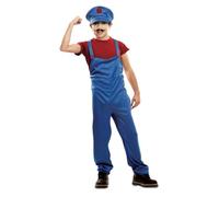 My Other Me Costume de plombier Mario pour enfant avec casquette, t-shirt et salopette en bleu et rouge, taille 5-6 ans, parfait pour les aventures créatives et les jeux imaginatifs