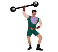 My Other Me Costume Forzudo pour homme, taille M. Comprend une moustache noire, un poids gonflable noir avec détails blancs, une combinaison verte rembourrée, un col violet et une médaille dorée, des