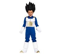 My Other Me Costume Vegeta pour enfant, taille 13-14 ans, comprend un t-shirt et un pantalon bleu, un gilet et un couvre-bottes blancs avec détails dorés, des gants et une perruque noire.