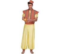 My Other Me Déguisement Aladdin pour homme, taille M-L. Comprend une chemise à manches courtes et un pantalon bombé jaune, une ceinture, un chapeau et un bas de pantalon assortis au gilet à rayures