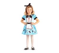 My Other Me Déguisement Alice pour fille, taille 3-4 ans. Comprend un bandeau noir avec nœud, une robe blanche avec rayures et des points bleus, des manches avec poignets noirs, un tablier peint avec