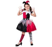 My Other Me Déguisement Arlequin pour fille en noir et rouge avec robe, cou, coiffe et jambières taille 5-6 ans. Parfait pour être la star du carnaval