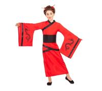My Other Me Déguisement chinois pour fille, taille 10-12 ans. Comprend une robe rouge à manches larges et des dessins de dragons, des bords noirs, et une ceinture noire croisée. Elle se distingue par
