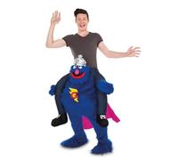 My Other Me Déguisement Coco pour adulte, taille unique, comprend un pantalon avec un personnage bleu avec une cape rose et un chapeau de soldat et de fausses jambes sur les épaules.