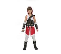 My Other Me Déguisement d'assassin pour fille, taille 5-6 ans. Comprend une robe à capuche blanche et rouge, un pantalon blanc, une ceinture et une bandoulière noires, des manchons et des bracelets