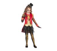 My Other Me Déguisement de chef de piste squelette pour fille avec coiffe, robe, manteau sans manches, manchettes, gants et collants en rouge et or, taille 5-6 ans. Glamour au cirque d'Halloween.