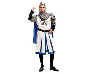 My Other Me Déguisement de chevalier médiéval pour homme, taille M-L. Comprend une casaque blanche, des épaules argentées, une cape bleue, une capuche métallisée, une jupe blanche à rayures bleues