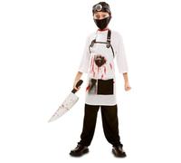My Other Me Déguisement de chirurgien tueur pour enfant avec bonnet, masque, t-shirt et tablier en noir et blanc, taille 7-9 ans, terrifiant pour Halloween.