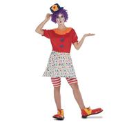 My Other Me Déguisement de clown pour femme, taille M-L. Comprend une robe avec cerceau, rouge avec col orange et boutons bleus, une jupe blanche à pois colorés et des pôles à rayures blanches et