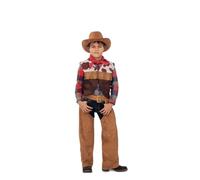 My Other Me - Déguisement de cowboy pour enfant, taille 5-6 ans. Comprend un foulard rouge, un gilet marron avec franges et imprimé de vache, et une ceinture. Petit cowboy qui monte à l'horizon.
