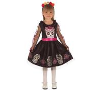 My Other Me Déguisement de crâne pour fille avec robe et coiffe en noir et rose, taille 5-6 ans, célébration du jour des morts avec style