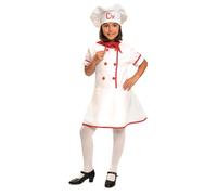 My Other Me Déguisement de cuisinier pour fille, taille 3-4 ans. Comprend un bonnet brodé de chef rouge, une robe blanche avec boutons et liserés rouges et un mouchoir assorti. Parfait pour les petits