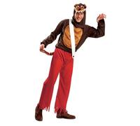 My Other Me Déguisement de loup pour homme, taille XL, comprend une chemise à manches longues marron foncé avec détails de ventre de couleur plus claire, un pantalon rouge à franges, une bretelle