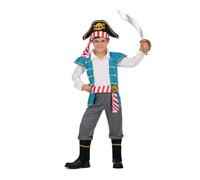 My Other Me Déguisement de pirate bleu et gris pour enfant avec bonnet, chemise, gilet, ceinture, pantalon et couvre-bottes, taille 7-9 ans. Naviguez dans les mers à la recherche de trésors cachés
