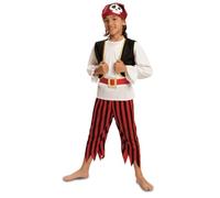 My Other Me Déguisement de pirate pour enfant, taille 7-9 ans. Comprend un foulard avec tête de mort, une chemise blanche, un gilet noir avec passepoil, une ceinture rouge avec boucle dorée et un