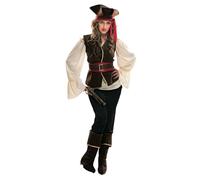 My Other Me Déguisement de pirate pour femme adulte avec chapeau, chemise, gilet, ceinture, pantalon et couvre-bottes en couleurs marron et blanc, taille S. Parfait pour conquérir les sept mers