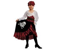 My Other Me Déguisement de pirate pour fille, taille 10-12 ans, comprend un foulard rouge à rayures noires, une robe blanche avec une jupe noire à volants à rayures et un imprimé crâne, corset et