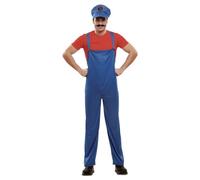 My Other Me - Déguisement de plombier italien pour homme, taille XL, comprend une casquette avec emblème noir et inscription « S » en rouge, un t-shirt rouge et une salopette bleue avec boutons rouges