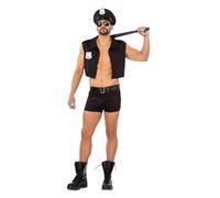 My Other Me Déguisement de policier pour homme, taille XL, comprend un chapeau avec badge argenté, une chemise sans manches avec plaque, une ceinture et un pantalon boxer noir. Attrape tous les
