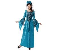 My Other Me Déguisement de princesse pour femme, taille M-L. Comprend une longue robe bleue en velours avec manches évasées avec dentelle noire et couronne assortie avec voile en tulle et broche