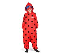 My Other Me Déguisement de pyjama Ladybug pour fille, taille 4-5 ans. Comprend une combinaison rouge à capuche, des pois noirs, un logo, une fermeture éclair sur le devant, une perruque bleue et un