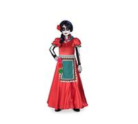 My Other Me Déguisement de Rosabella squelette rouge et vert avec t-shirt squelette, gants, robe, tablier, mouchoir, perruque, fleurs, tatouages, éponge et maquillage, taille 7-9 ans.