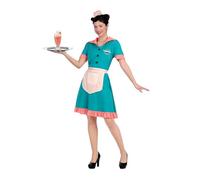 My Other Me Déguisement de serveuse vintage pour femme, taille XXL. Comprend une coiffe, une robe verte à boutons, un col, des manches et une jupe en rose et un tablier blanc. Pour le style des années