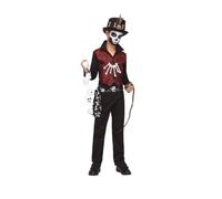 My Other Me Déguisement de sorcier vaudou pour enfant, taille 7-9 ans. Comprend une chemise noire avec gilet rouge imprimé, une ceinture avec des têtes de mort imprimées, un collier en os, un bracelet