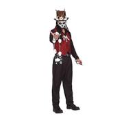 My Other Me Déguisement de sorcier vaudou pour homme, taille M-L. Comprend une chemise noire, un gilet rouge avec imprimé de toile, une ceinture noire avec des têtes de mort, un collier en os, un